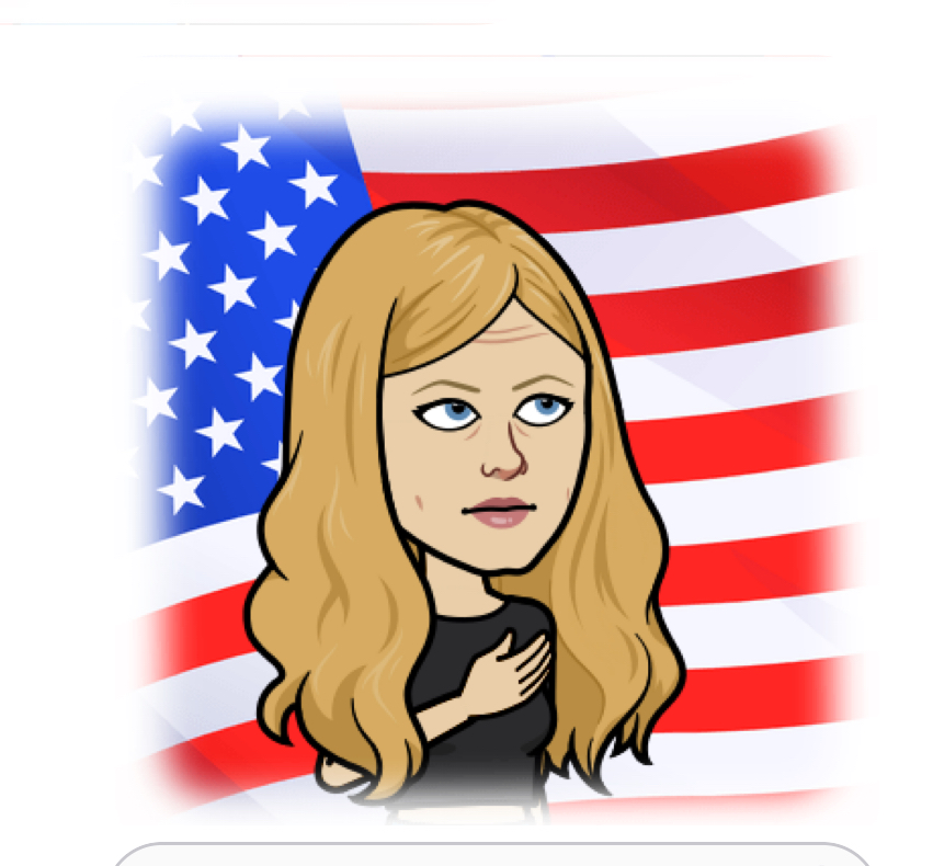 Bitmoji depicting arm over heart, pledging allegiance, with American flag background 