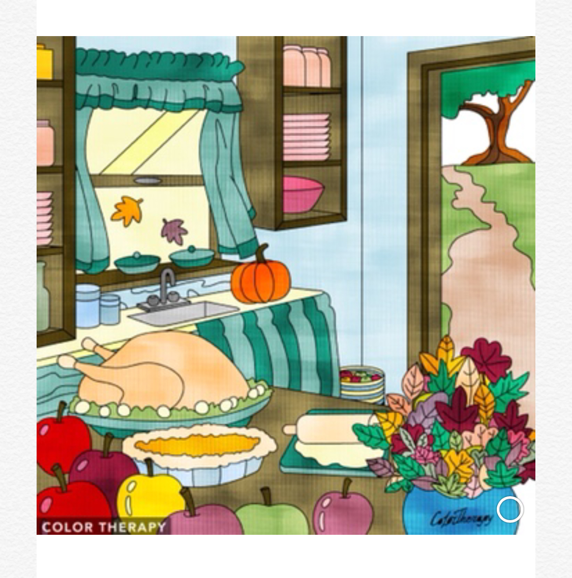 E-art I colored myself depicting a country kitchen with table dressed for thanksgiving meal, door open to the outside with view of rolling grass hills and the yards oak tree