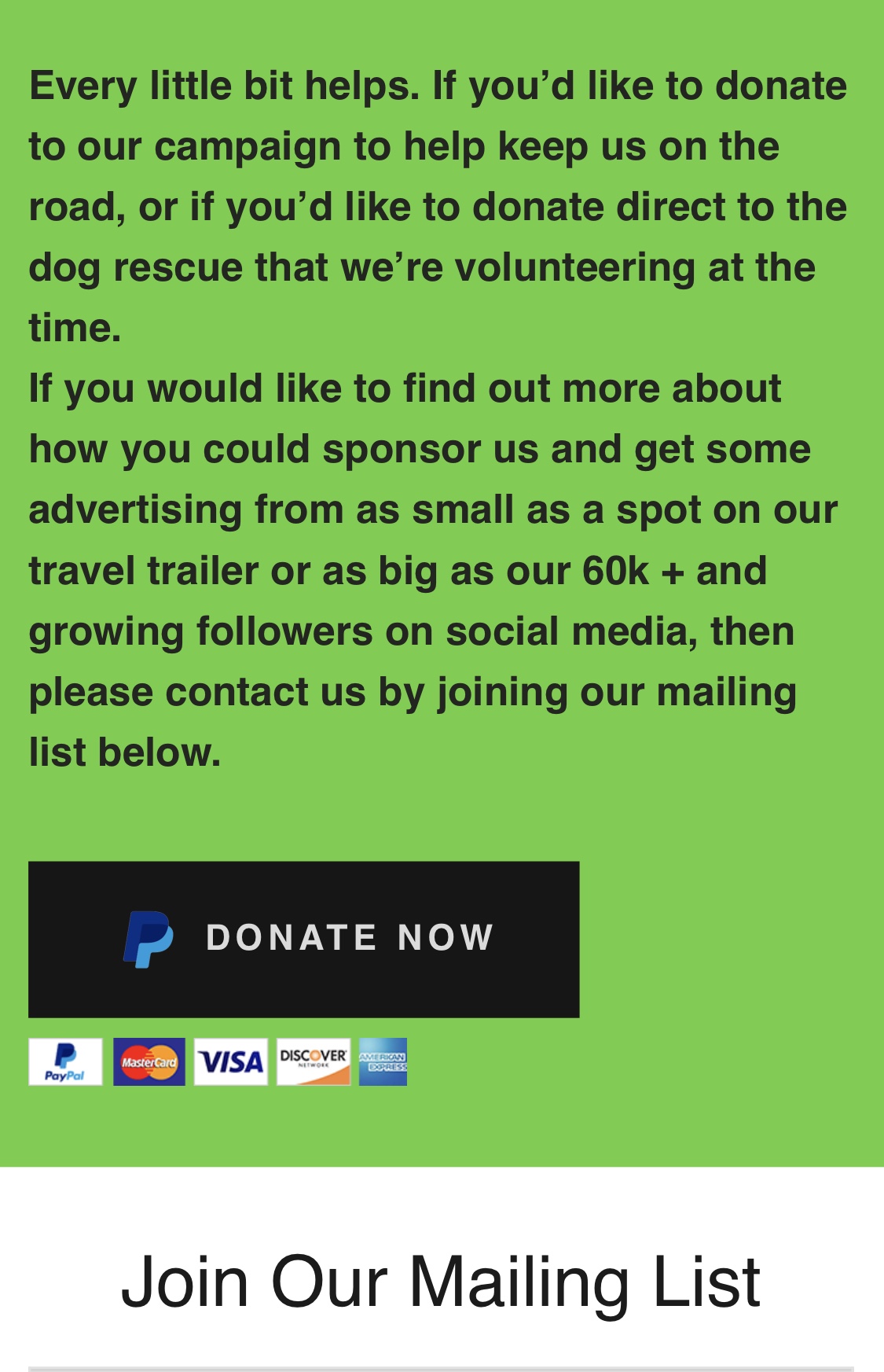 Photo of the “rallying for donations/support” paragraph in kiwi dogs website 