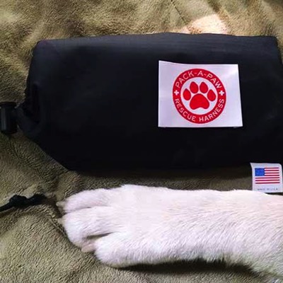 Pictured is the small bag the dog harness comes in and placed next to a dogs paw to show relative size