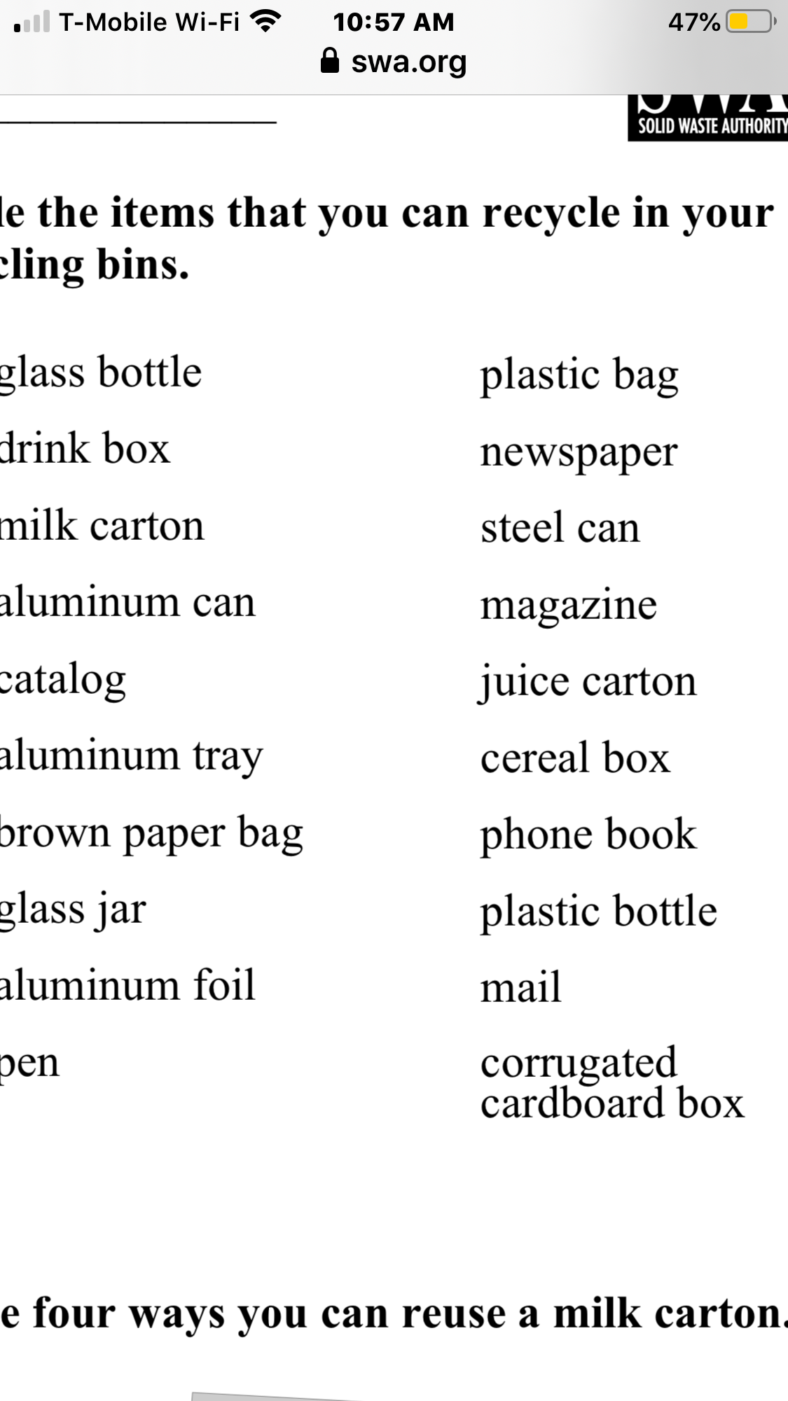 SWA list of recyclable items for palm beach and surrounding counties in FL